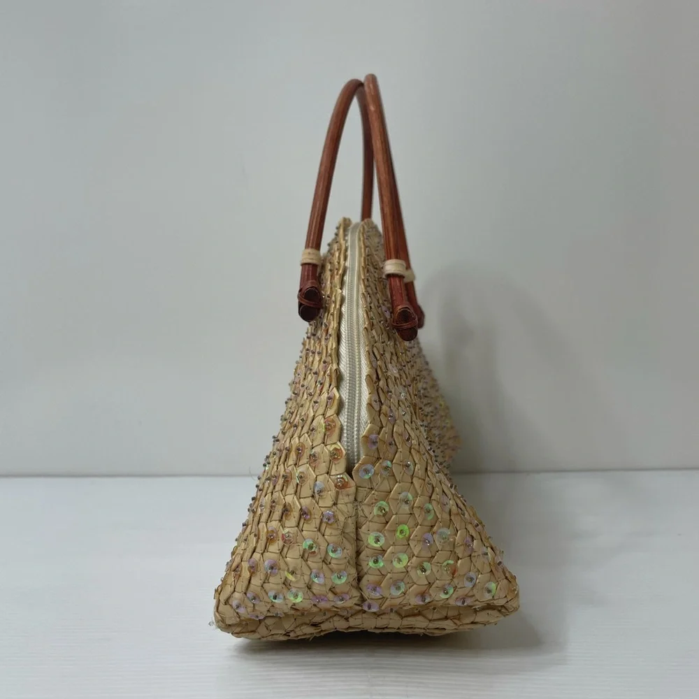 Vintage Handbag Woven Bamboo Wood Handle Sequins Handmade Bag Hand Crafted Purse